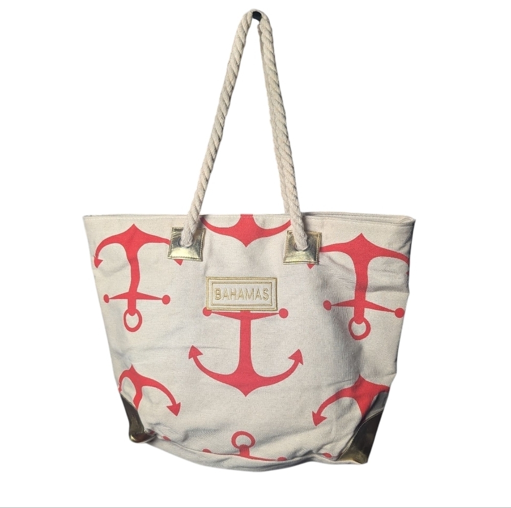 Bahamas XL Anchor Beach Tote Vacation Overnight Bag Coral Gold FLAW SEE BELOW